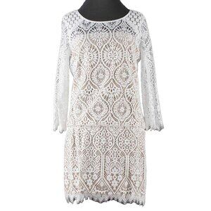 David Lerner Sz S White Tan Lace Knee Length Cotton Nylon Rayon Dress